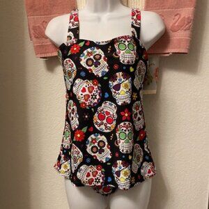 SUGAR SKULL Black Skulls & Flowers DAY OF DEAD Full Coverage TANKINI Swimsuit S